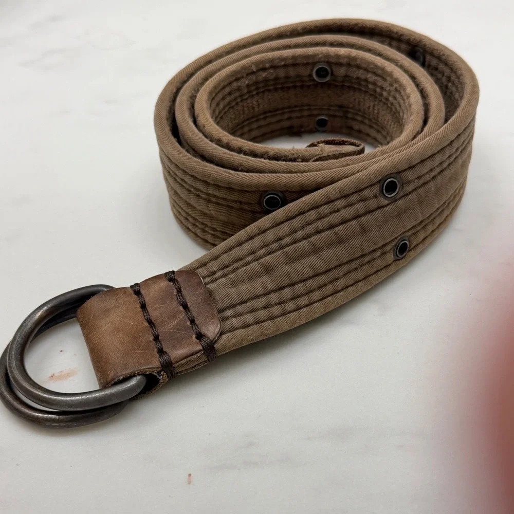 Vintage Canvas Leather D-Ring Belt Tan Military Utility Y2K Grunge‎ Festival